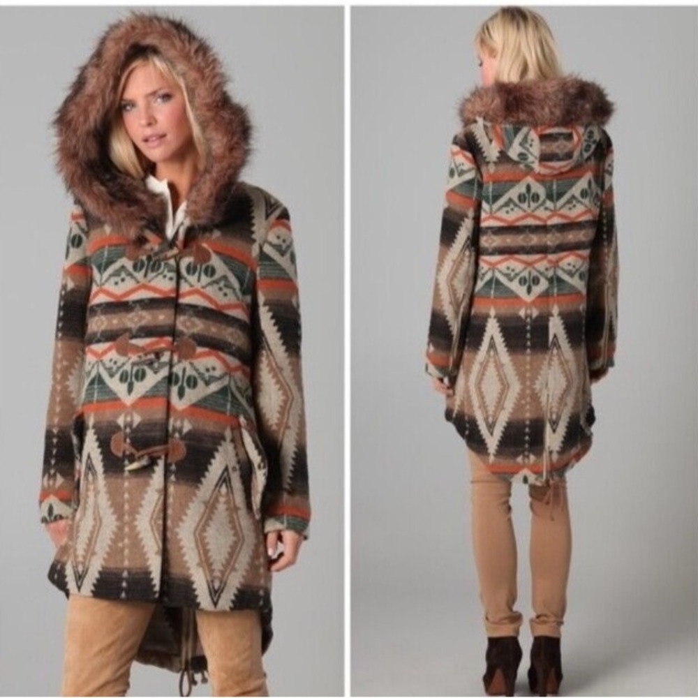 BB Dakota Navajo Bostwick Aztec Hooded Coat M Wool Blend Faux Fur Blogger Fave